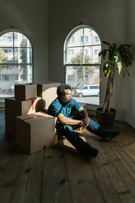 A person with curly dark hair and medium skin tone, dressed in a blue t-shirt and dark jeans, is sitting on the wooden floor inside a spacious room with large, arched windows that allow natural daylight to illuminate the space. The individual appears to be resting with their arms crossed over their knees, beside several cardboard boxes sealed with red packing tape, which are stacked against a light-colored wall. A tall potted plant with broad green leaves is positioned near the window on the right side of the image, adding a touch of greenery to the interior. The scene suggests a home relocation process, with the person taking a break during packing or unpacking, and the boxes ready for transportation by Movers Enfield as part of their same-day removals service in Palmers Green, Enfield. The room features a wooden floor and minimal furnishings, emphasizing the moving or furniture transport activity associated with professional removal services.